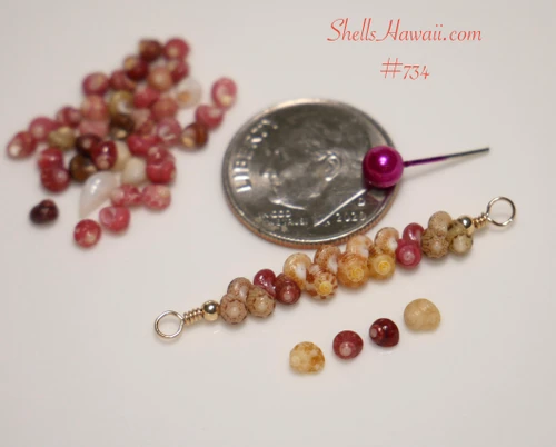 Coin guide photo showing the size of a handcrafted 1" Niʻihau shell necklace floating design beside a U.S. dime, featuring genuine size 11 Kahelelani shells in green, red burgundy, and yellow Kamoa colors on 14K gold filled wire.