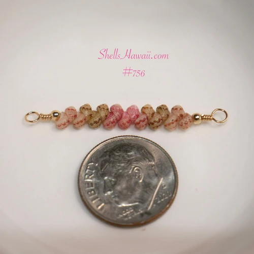 pd_756
Close-up of genuine Niʻihau Kahelelani shells in white, green and pink flower colors arranged for a handmade Hawaiian minimalist shell necklace, shown beside a dime for size comparison.