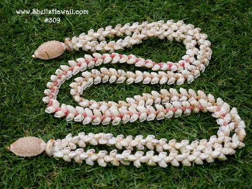 25" Double strands Momi & pink, green Kahelelani shell necklace from Niihau # 309