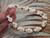 Angled view of Hawaiian shell bracelet with creamy momi shells with red waha and dark kahelelani tones, natural ocean inspired jewelry
