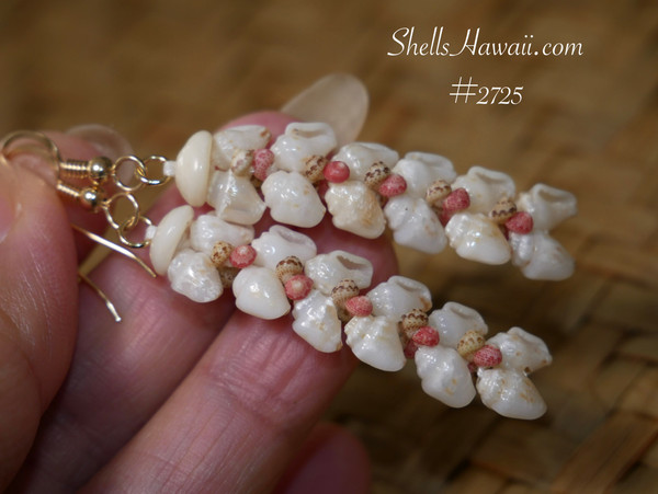 Traditional Niihau shell earrings in Heleconia style using off white Keʻokeʻo Momi shells with soft blue tint and pink and green Kahelelani shells, handmade Hawaiian jewelry