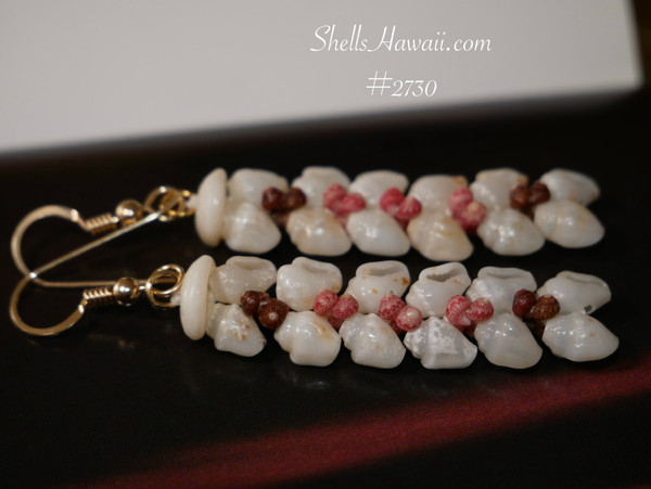 nier_2730
Niʻihau shell Heleconia style earrings made with off white Keʻokeʻo Momi shells with light blue undertone and pink flower Kahelelani shells Hawaiian seashell jewelry