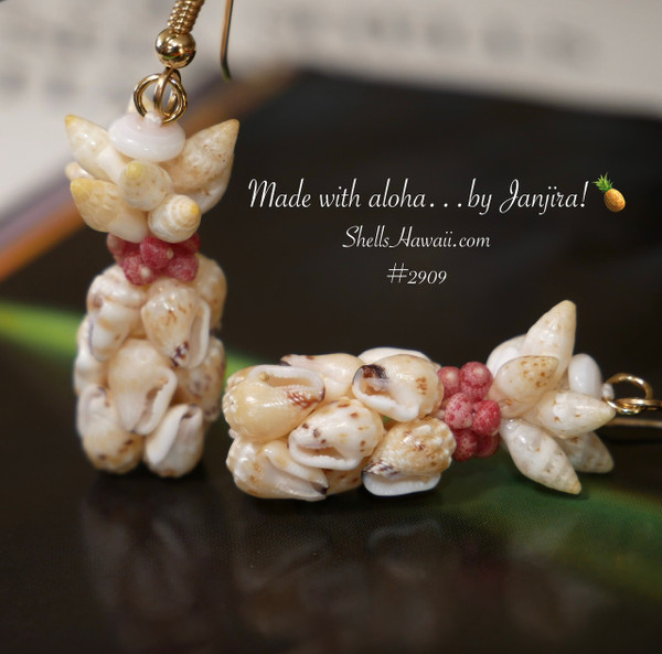 nier_2909
Hawaiian pineapple style shell earrings handmade with Niihau shells yellow toned Momi with golden brown speckles black waha pink Kahelelani and yellow Laiki