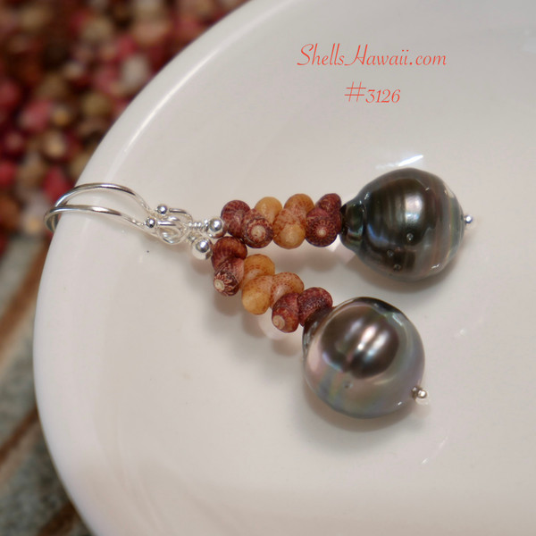 nier_3126
Kahelelani shell earrings with Tahitian pearl dangle hanging view, matte burgundy and orange Kauai shells minimalist island jewelry