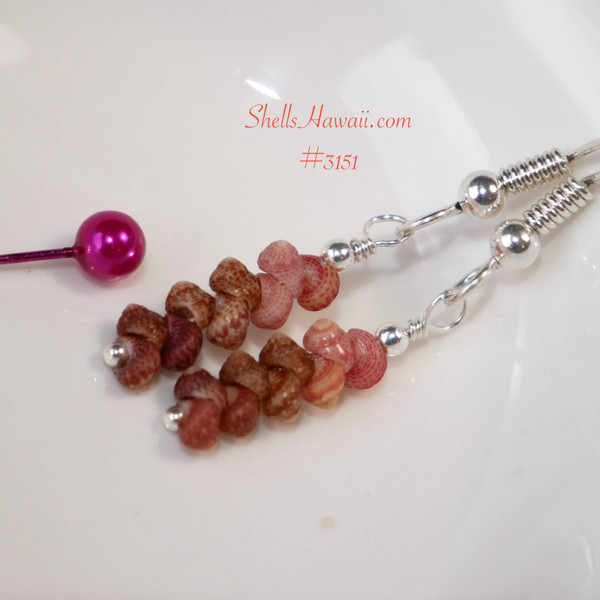 Dainty shell drop earrings made with Kahelelani shells from Kauaʻi in soft pink, burgundy, and brown tones – affordable Hawaiian shell jewelry under $100