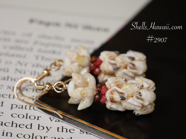 Handcrafted Hawaiian shell earrings pineapple design with creamy momi shells soft yellow undertone black waha and earthy kahelelani