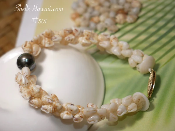 7" Niʻihau Shell Bracelet Ombre Momi Shells with Tahitian Pearl #501