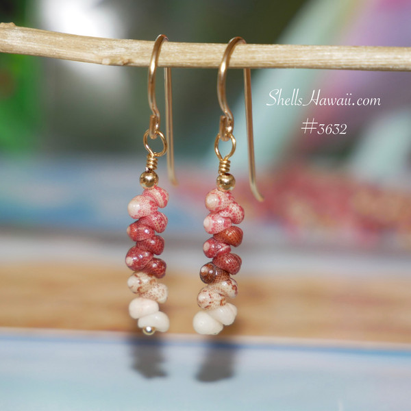 nier_3632
Mimi Hawaiian shell earrings with colorful Kahelelani shells in pink, burgundy, green and off white tones, dainty Niihau shell jewelry gift under $100 with gold filled hooks