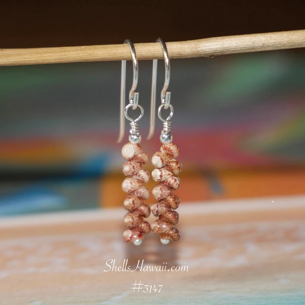 nier_3147
Dainty ombré Kahelelani shell earrings from Kauaʻi handcrafted with chocolate shells and sterling silver hooks, shown hanging to display the drop design.