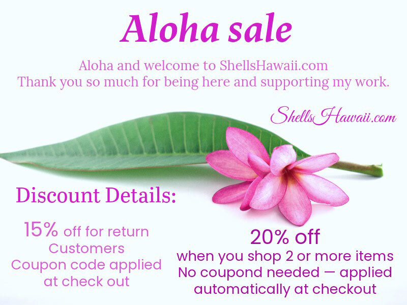 Holiday Aloha Sale banner featuring an open book, candle, and autumn leaves — 15% off all Niʻihau shell jewelry and 20% off when you buy two or more items, handcrafted with aloha.