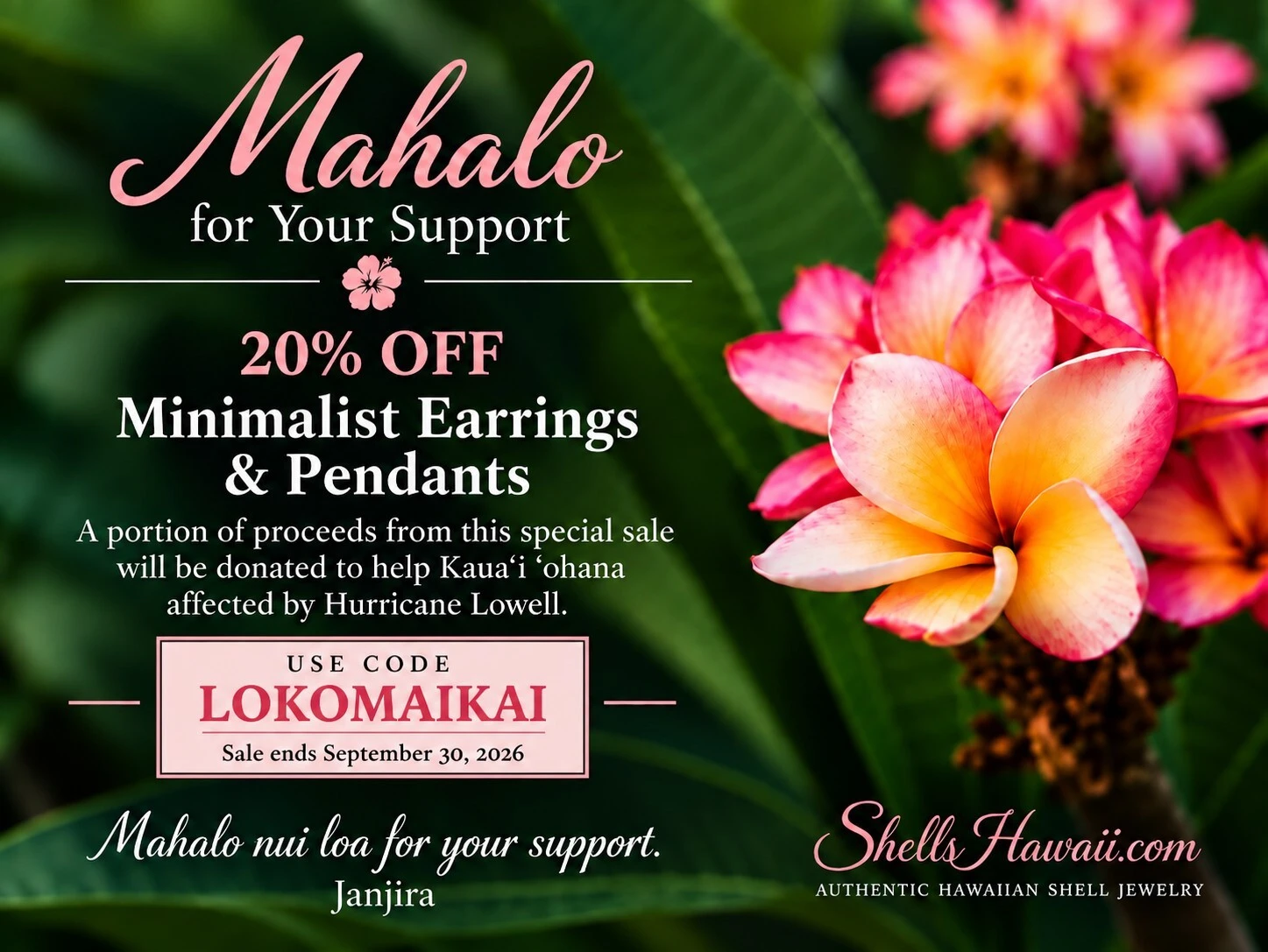 Holiday Aloha Sale banner featuring an open book, candle, and autumn leaves — 15% off all Niʻihau shell jewelry and 20% off when you buy two or more items, handcrafted with aloha.