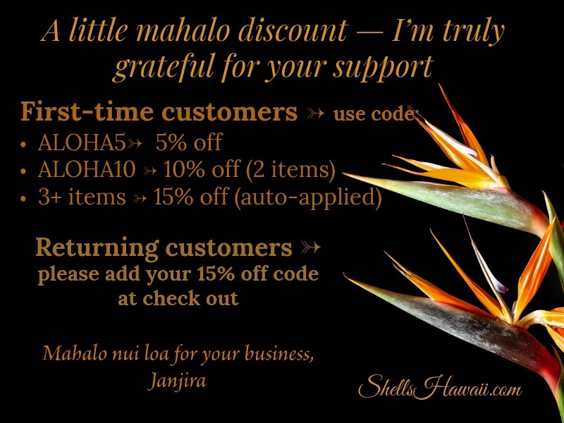 Holiday Aloha Sale banner featuring an open book, candle, and autumn leaves — 15% off all Niʻihau shell jewelry and 20% off when you buy two or more items, handcrafted with aloha.