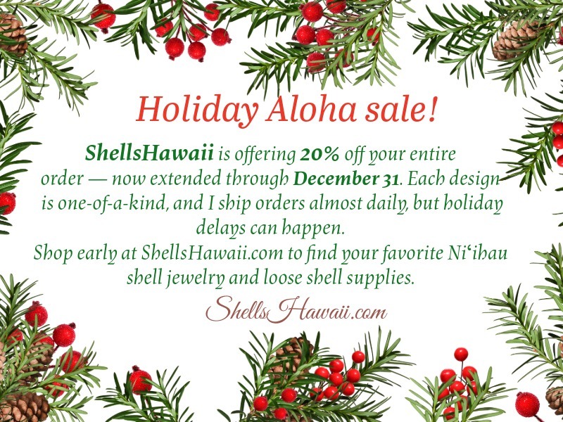 Holiday Aloha Sale banner featuring an open book, candle, and autumn leaves — 15% off all Niʻihau shell jewelry and 20% off when you buy two or more items, handcrafted with aloha.