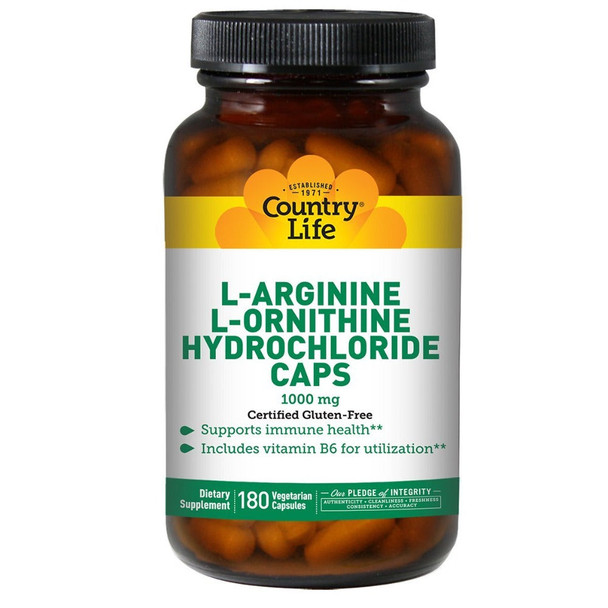 Country Life L-Arginine and L-Ornithine and Hydrochloride 1000mg 180 Caps Amino Acids Country Life  (1057869955115)