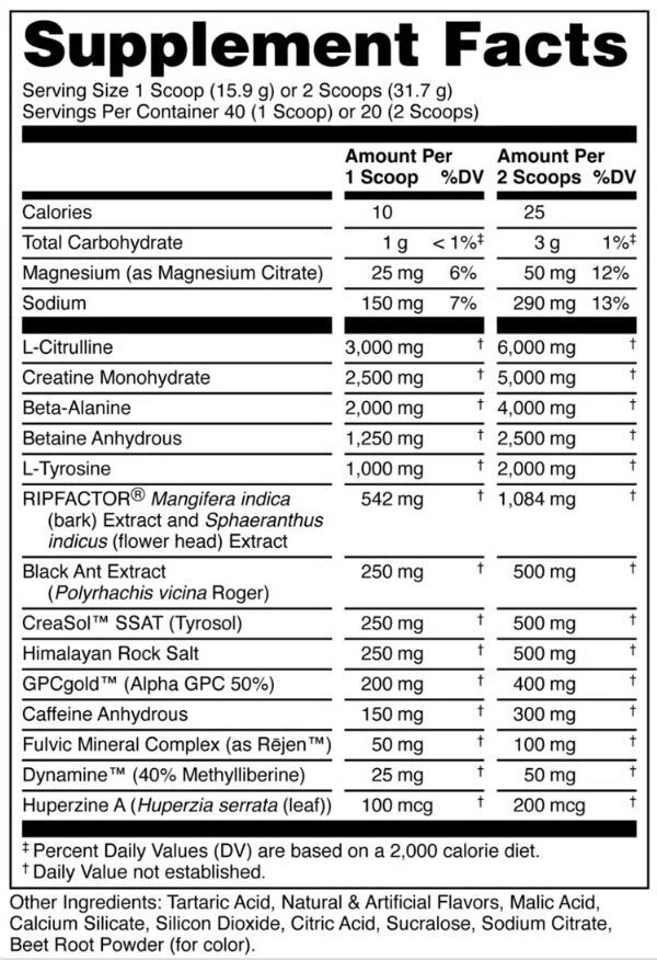 Bucked Up Black Ant Pre Workout 25 Servings Supplement Facts