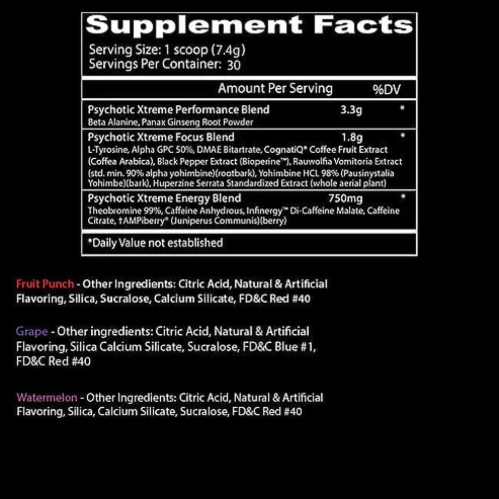 Insane Labz Psychotic Xtreme 30 Servings Supplement Facts