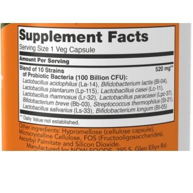 Now Foods Probiotic-10 100 Billion 30 Capsules Supplement Facts