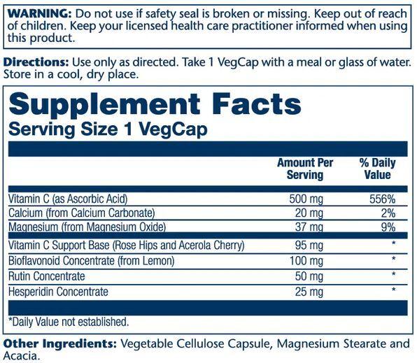 Solaray Buffered Vitamin C w/ Bioflavonoid Concentrate 500mg 250VC Supplement Facts