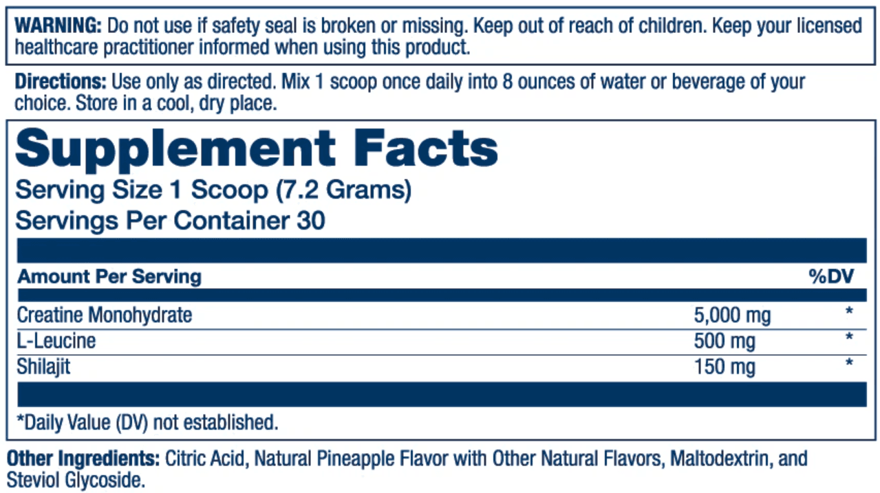Solaray Creatine with Shilajit 30 Servings Supplement Facts