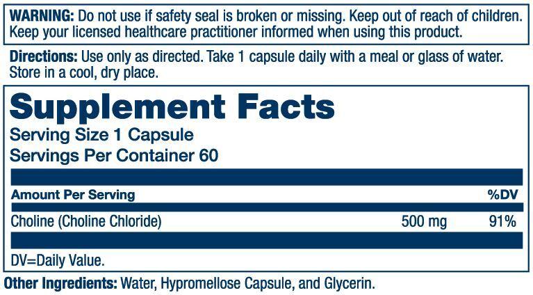 Solaray Odor-Free Choline 500mg 60 Capsules Supplement Facts