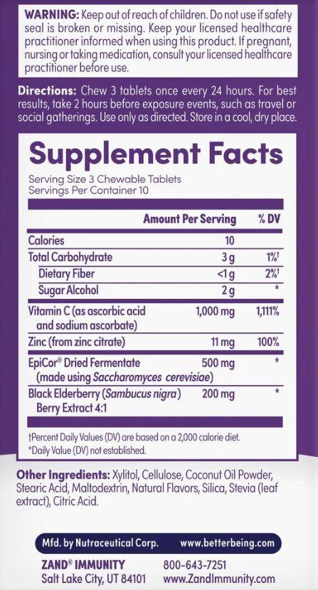 Zand Immune Fast Elderberry 30 Chewable Tablets Supplement Facts