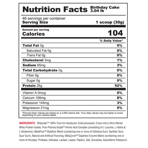 Metabolic Nutrition ISO PWDR Birthday Cake Supplement Facts