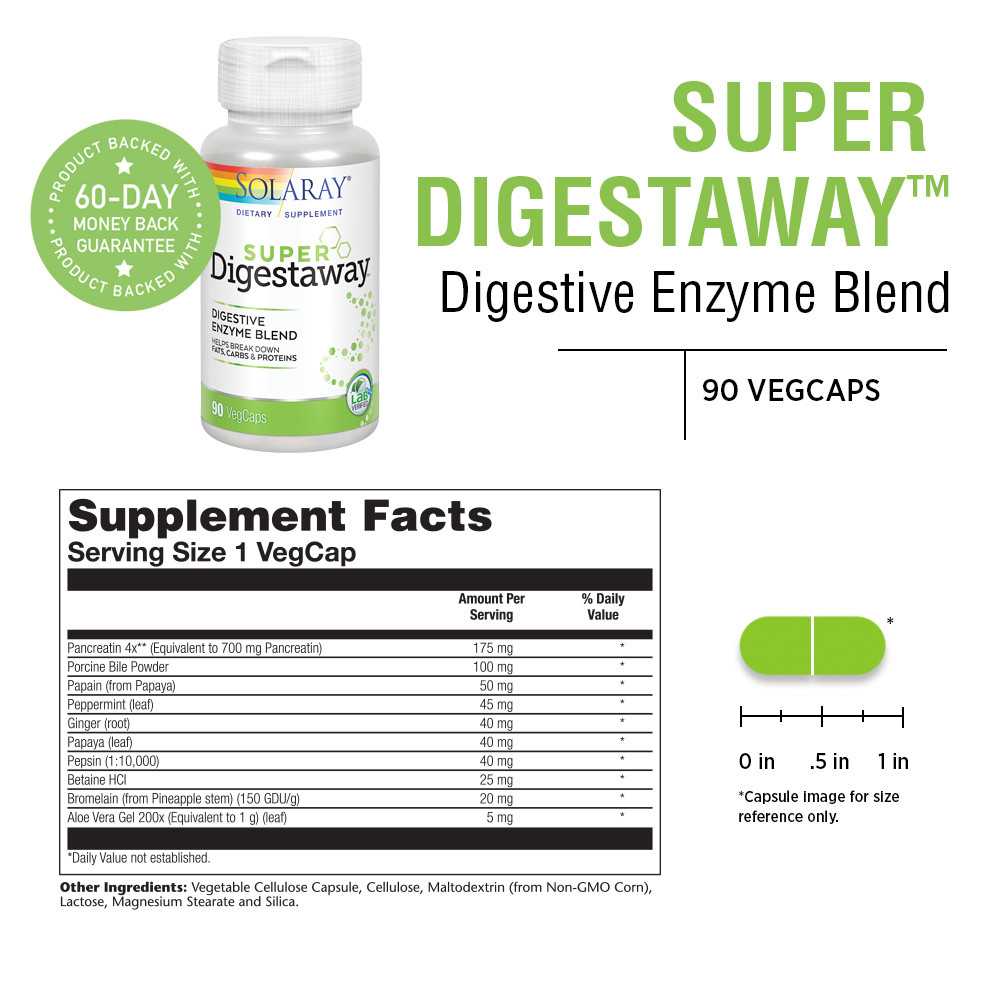 Solaray Super Digestaway Digestive Enzyme Blend | Healthy Digestion & Absorption of Proteins, Fats & Carbohydrates | Lab Verified | 90 VegCaps