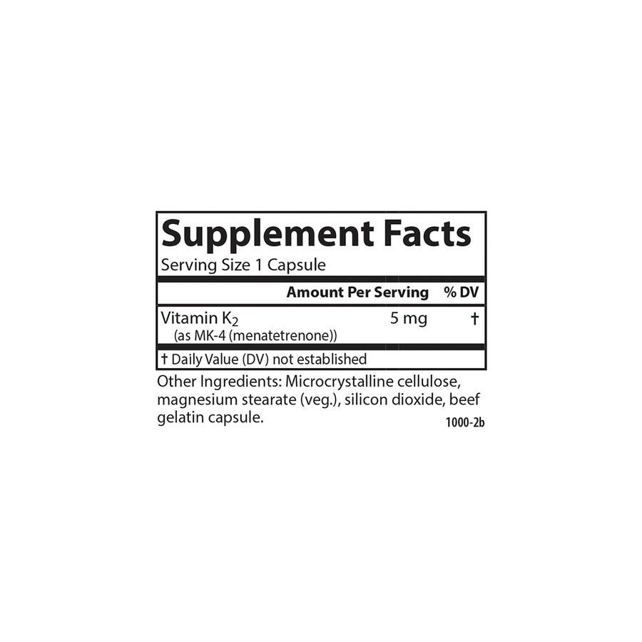 Research suggests vitamin K2 as MK-4 promotes healthy bones and supports cardiovascular system health. Carlson Vitamin K2 provides 5 mg of MK-4 in each capsule.