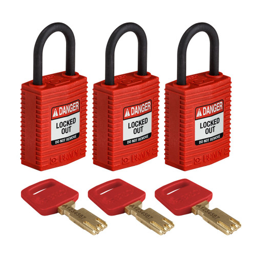 PAQUETE De 3 CANDADOS MINI ROJOS CON La MISMA Llave Brady CPT-RED-25PL-KA3PK