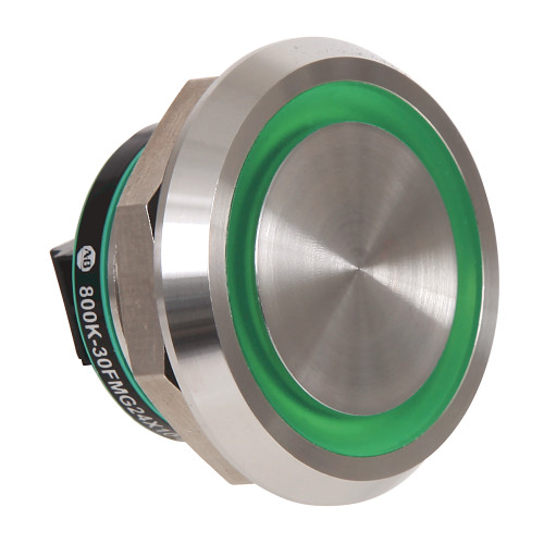 BOTON PULSADOR PIEZOELECTRICO ACERO INOXIDABLE 30.5MM, VERDE ILUMINADO, 24VDC, 1N.A. - 800K30FMG24X10