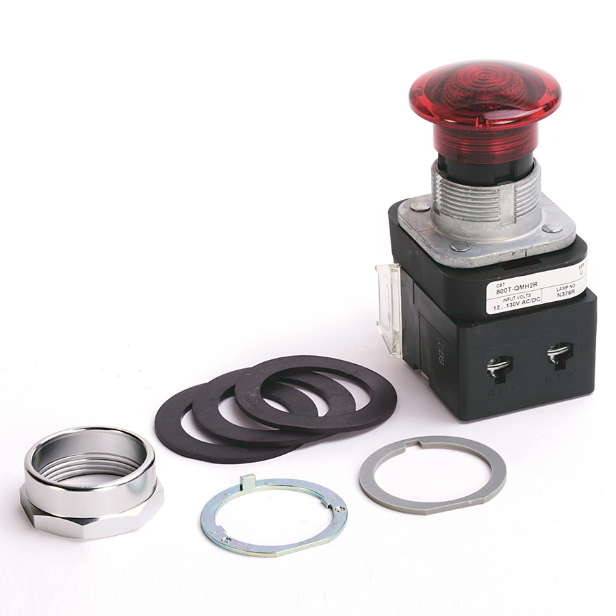 BOTON PULSADOR  VOLTAGE,12-130V AC/DC LED, CABEZAL DE HONGO, ROJO, SIN PROTECCIONES - EN TERMINALES, - 800TQMH2RD1