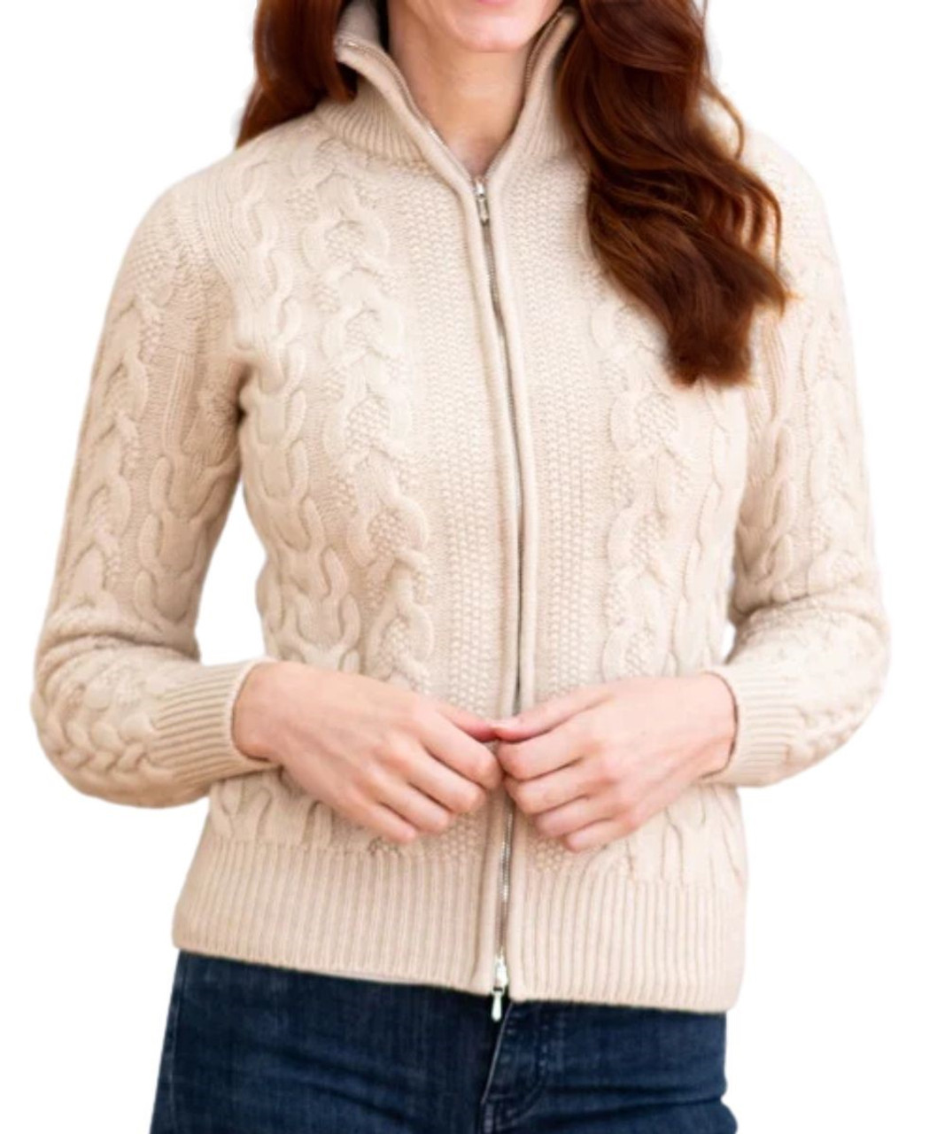 Women's Cashmere Sweaters: Cashmere Cable Knit High Neck Jacket With Double  Zipper | The Lanam Shop