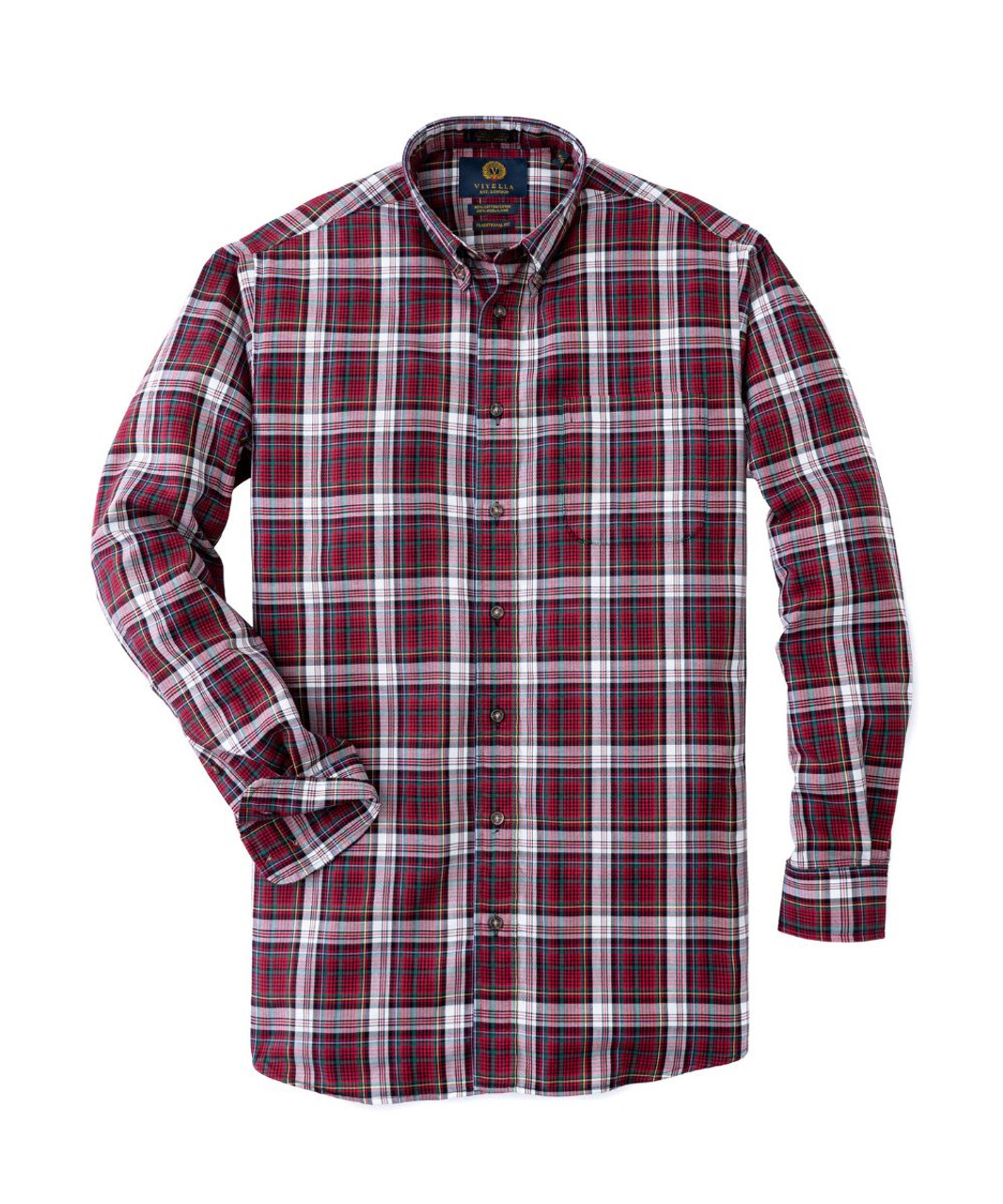 Wool and Cotton Flannel Sport Shirt: Men's Viyella Shirt Admiral Red Plaid  Pattern 651444-4598