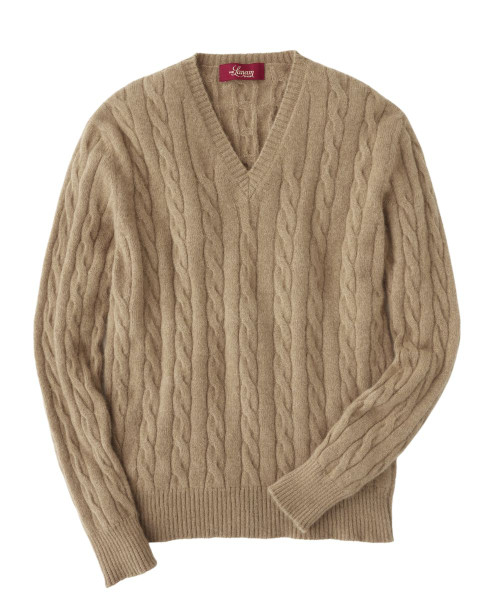 Men's Camelhair Cable Knit V-Neck Sweater Made in Scotland