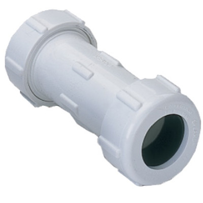 Easy-Thread Compression coupling designed for quick connections, system modifications or repair of PVC pipes. Compression by compression ends fit over iron pipe size PVC pipe. Coupling is NSF Certified for Potable Water Use and is rated for Full Service 200 PSI @ 73F.