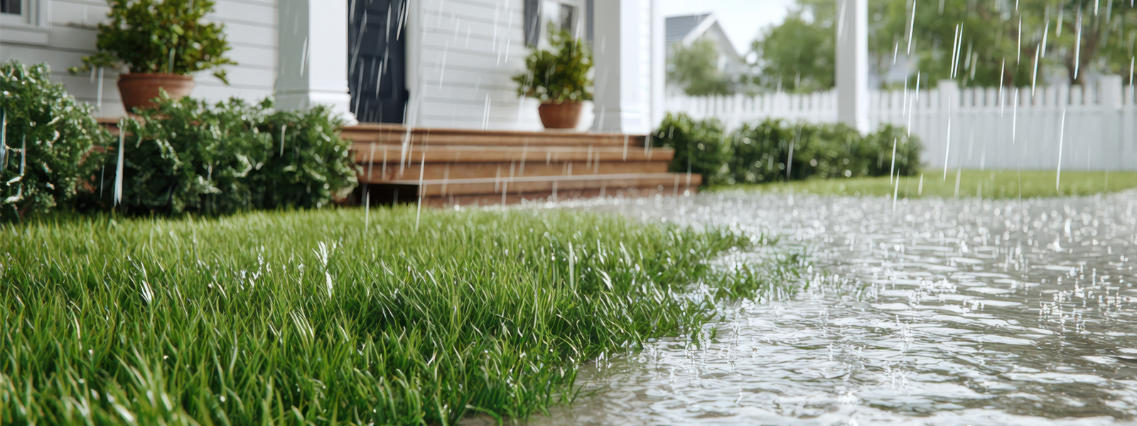 Standing water pooling near a home's lawn and porch during heavy rain, illustrating a common residential drainage problem.