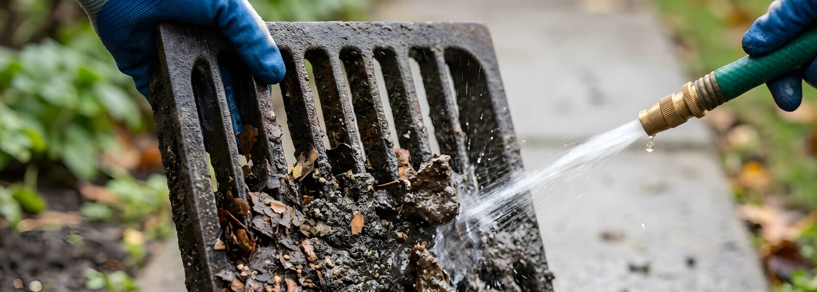 Leaves and debris partially blocking an outdoor drain before fall rain