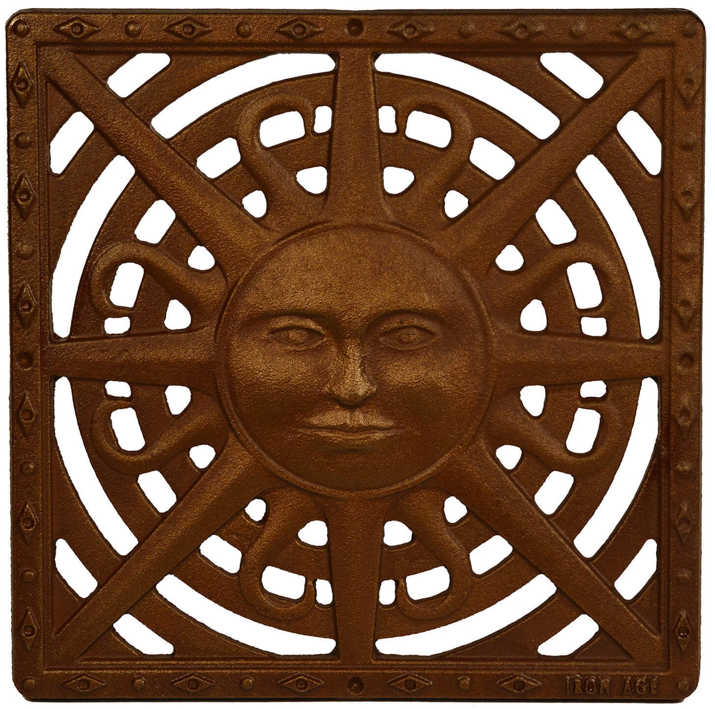 Iron Age decorative cast iron catch basin grate used in luxury pool deck drainage systems.