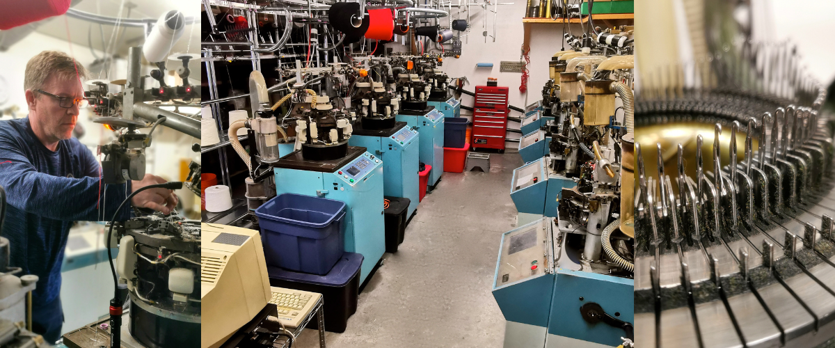 Eight Sock machines, Sean Gallant threading a sock machine & a close up of the sock machine needles.