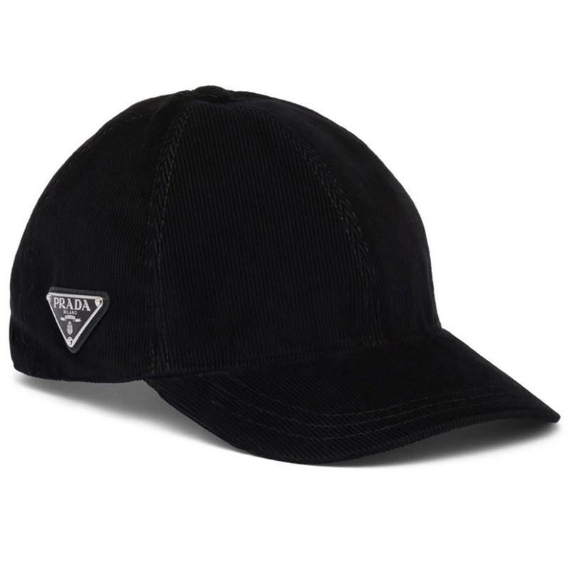Prada Triangle Logo Corduroy Black Baseball Cap