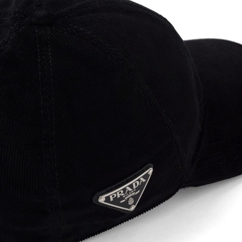 Prada Triangle Logo Corduroy Black Baseball Cap