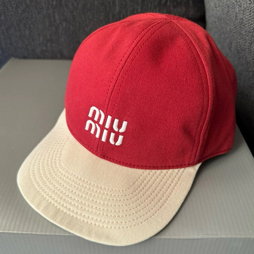 Miu Miu Embroidered Logo Red & Beige Drill Baseball Cap