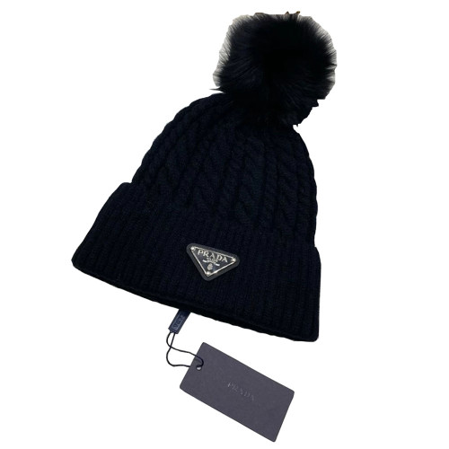 Prada Triangle Logo Black Wool Knit Beanie Hat