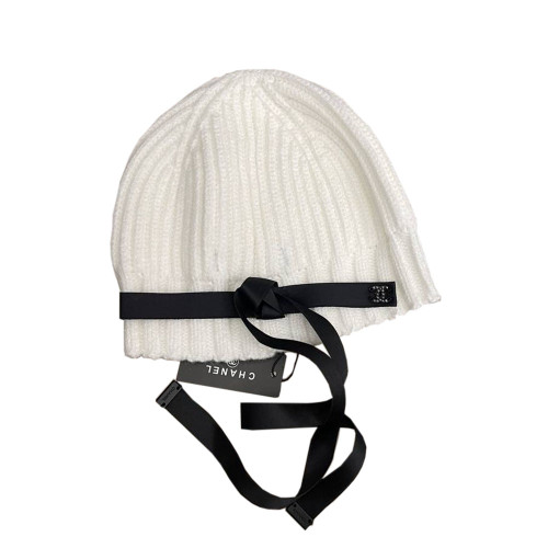 Chanel 24B Beanie Ivory White & Satin Ribbon Winter Hat