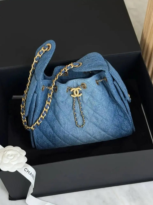Chanel 25 Small Handbag Washed Denim & Gold-Tone Metal Blue