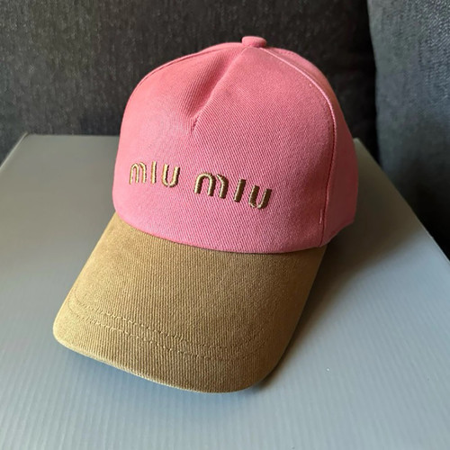 Miu Miu Two-Tone Drill Cotton Baseball Cap in Pink / Beige