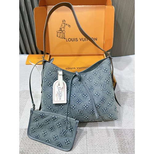 Louis Vuitton CarryAll PM Monogram Denim Shoulder Bag Blue Hobo Purse 12"