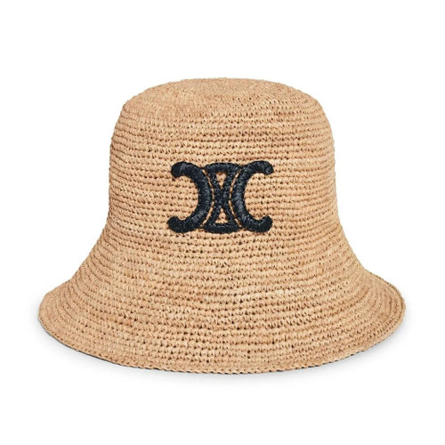 Celine Triomphe Bucket Hat in Raffia Straw Beige & Black