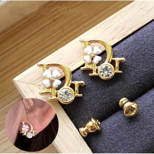 Dior Precious Clover Stud Earrings Gold-Finish Metal, Crystals and Pink Lacquer