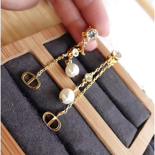 Dior Tribales Earrings Gold-Finish Metal with White Resin Pearls and Silver-Tone Crystals